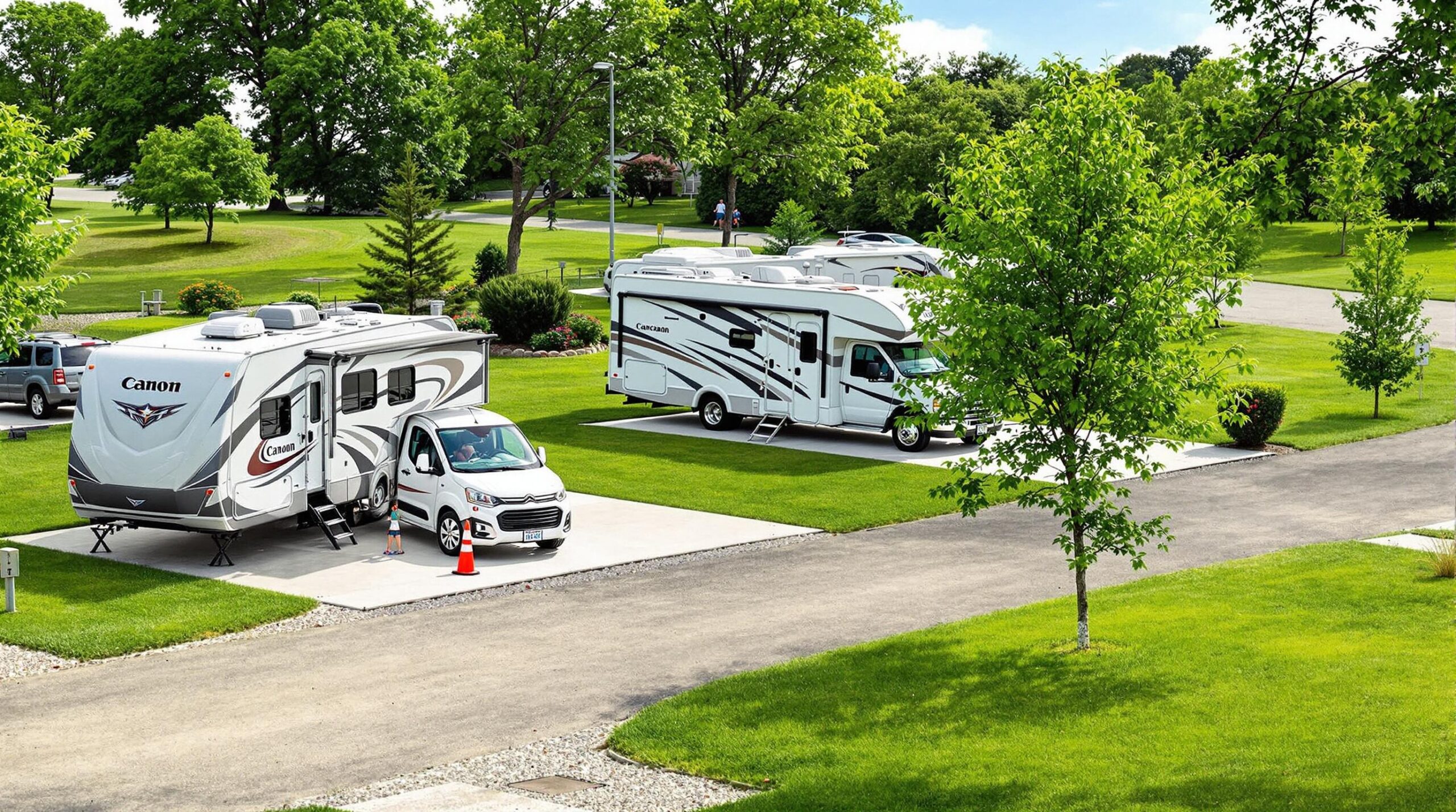 Wide-angle view of a generic RV campground with two modern recreational vehicles parked on concrete sites, surrounded by green grass and scattered trees.