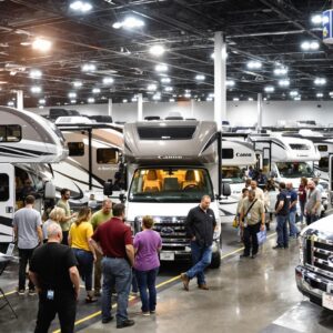 A bustling indoor expo hall filled with people exploring modern RVs and motorhomes under bright lighting, with no visible branding or signage.