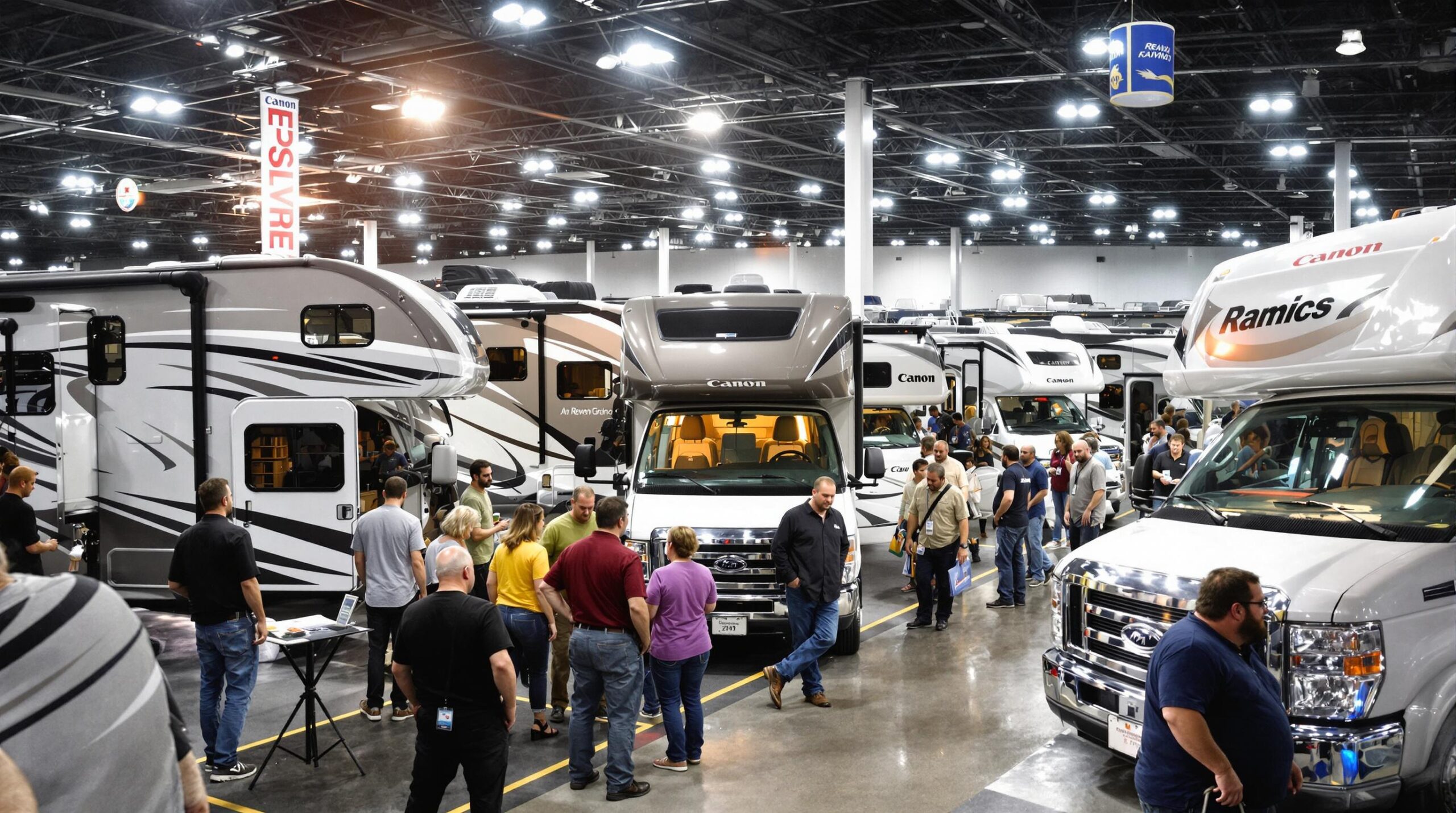 A bustling indoor expo hall filled with people exploring modern RVs and motorhomes under bright lighting, with no visible branding or signage.