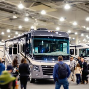 A bustling indoor RV expo with several modern recreational vehicles on display, attendees exploring and conversing in a brightly lit venue, highlighting the event's lively atmosphere.