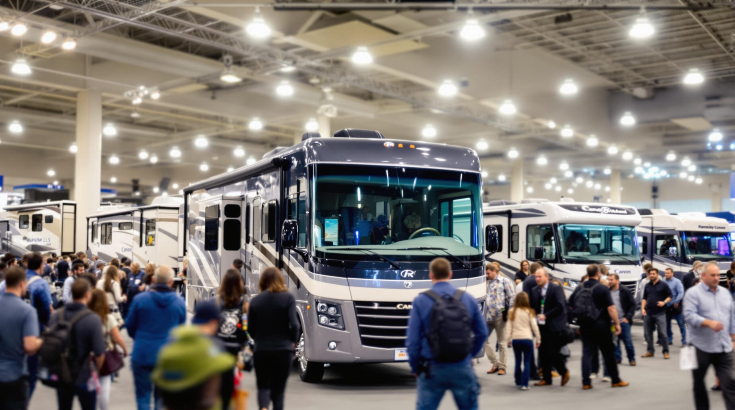 A bustling indoor RV expo with several modern recreational vehicles on display, attendees exploring and conversing in a brightly lit venue, highlighting the event's lively atmosphere.