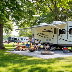 A sunny campsite with a modern RV parked on gravel, surrounded by green grass and trees. A small group of adults and children relax by a picnic table and fire ring, with colorful flags subtly visible in the background, creating a festival atmosphere.