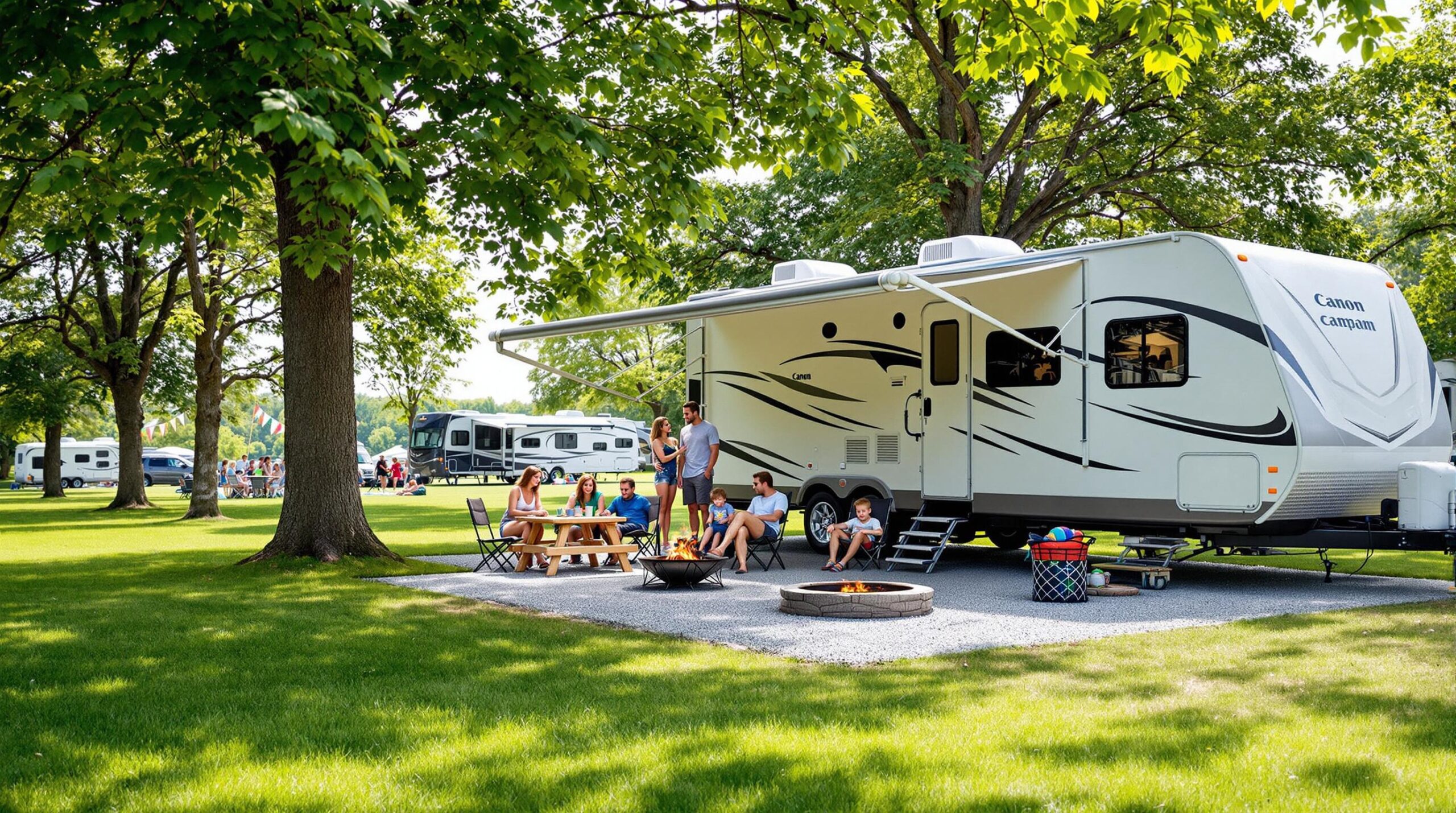 A sunny campsite with a modern RV parked on gravel, surrounded by green grass and trees. A small group of adults and children relax by a picnic table and fire ring, with colorful flags subtly visible in the background, creating a festival atmosphere.