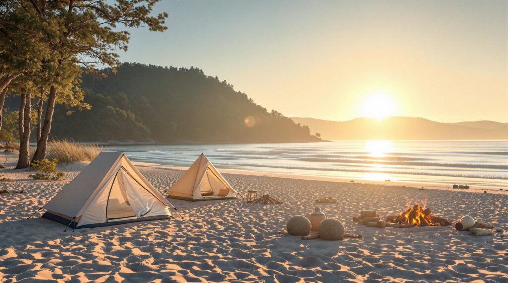 A serene campsite set up on a sandy beach at sunrise, featuring several simple tents and a small, neatly arranged campfire area near gentle waves, with golden morning light casting a warm glow over the scene.