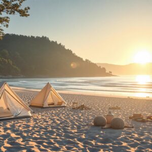 A serene campsite set up on a sandy beach at sunrise, featuring several simple tents and a small, neatly arranged campfire area near gentle waves, with golden morning light casting a warm glow over the scene.