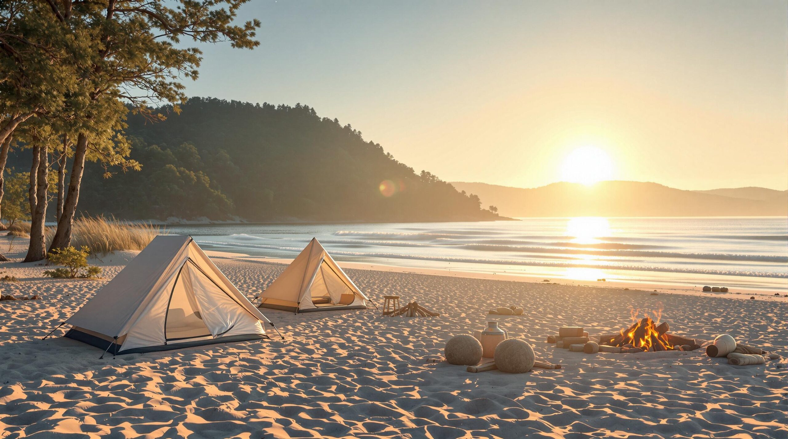 A serene campsite set up on a sandy beach at sunrise, featuring several simple tents and a small, neatly arranged campfire area near gentle waves, with golden morning light casting a warm glow over the scene.