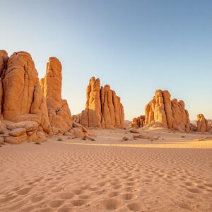 A wide-angle view of tall, smooth sandstone formations under warm sunlight in a desert setting, with an empty sandy foreground and a clear blue sky above.