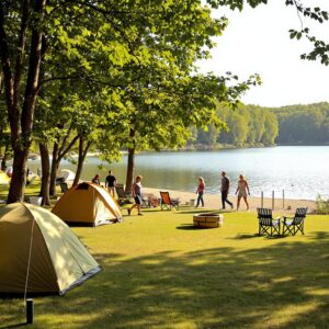 A serene lakeside campground with tents, chairs, and a fire ring, surrounded by lush greenery under a clear sky.