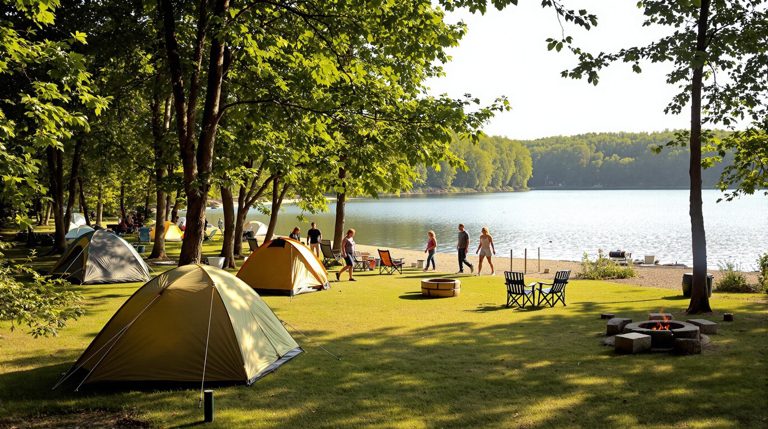 A serene lakeside campground with tents, chairs, and a fire ring, surrounded by lush greenery under a clear sky.