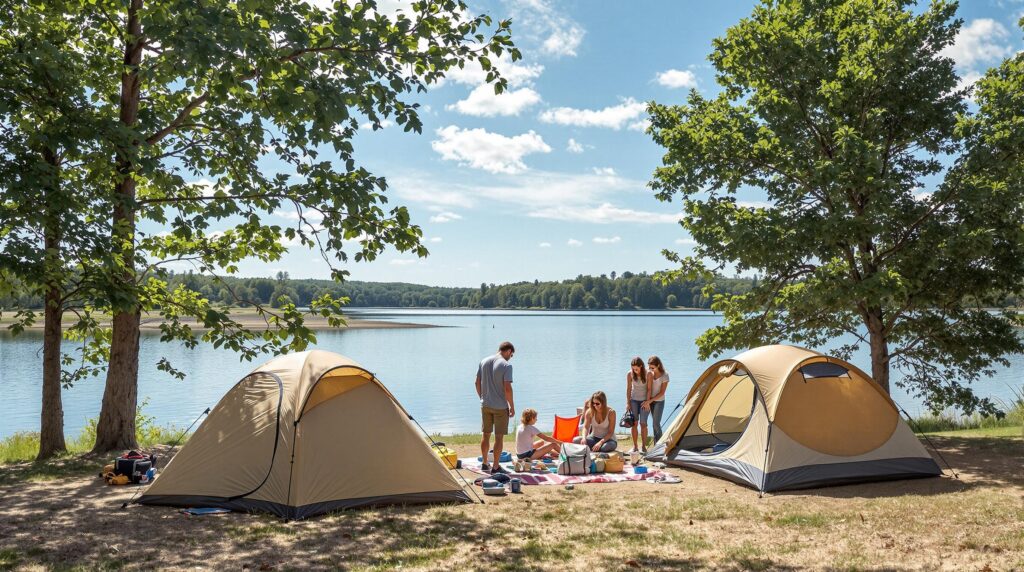 A family setting up a tent by a peaceful lakeside on a sunny day, surrounded by lush green trees and calm waters, capturing a sense of outdoor leisure and relaxation.