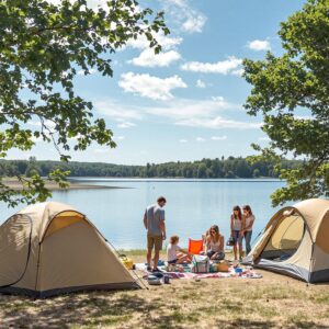 A family setting up a tent by a peaceful lakeside on a sunny day, surrounded by lush green trees and calm waters, capturing a sense of outdoor leisure and relaxation.