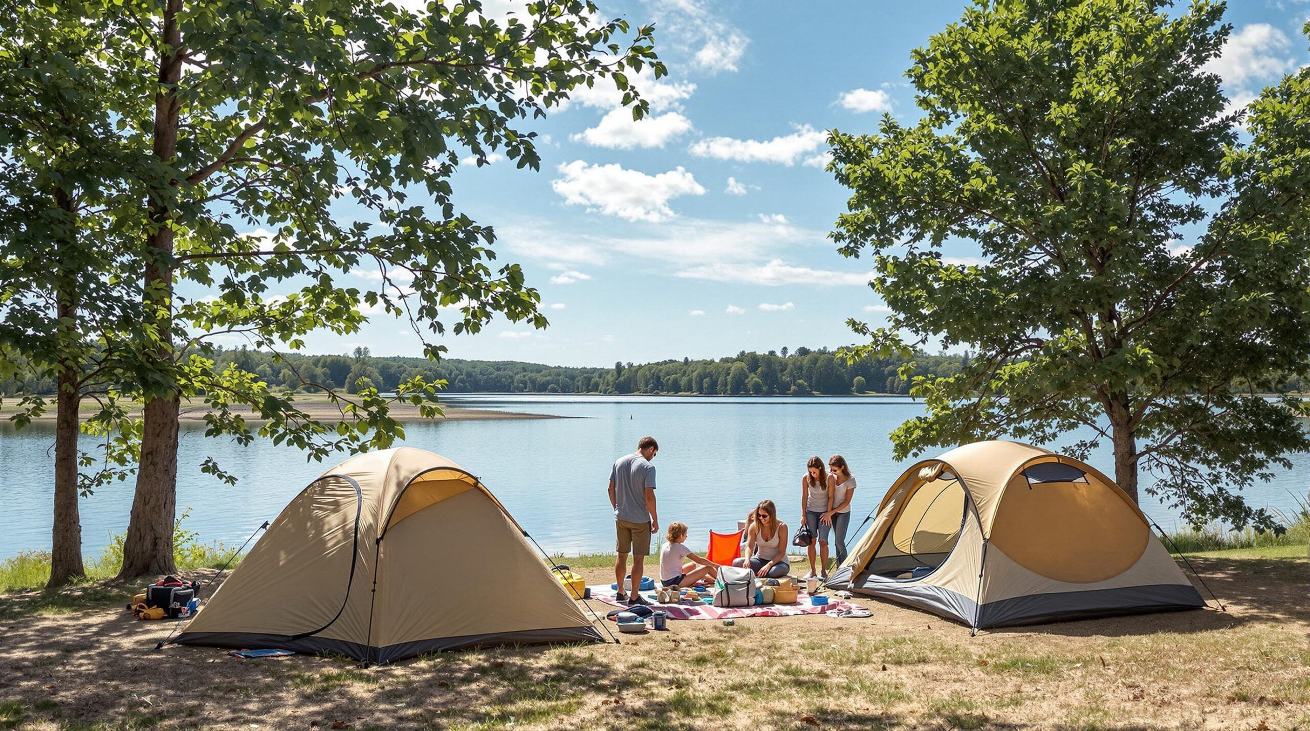 A family setting up a tent by a peaceful lakeside on a sunny day, surrounded by lush green trees and calm waters, capturing a sense of outdoor leisure and relaxation.