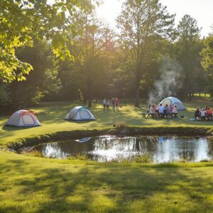 A peaceful midsize campground with several tents by a small pond, surrounded by generic trees and shrubs. Campers sit around a picnic table under clear skies, enjoying the soft morning light. The scene conveys a family-friendly and tranquil atmosphere, with natural colors and no identifiable landmarks.