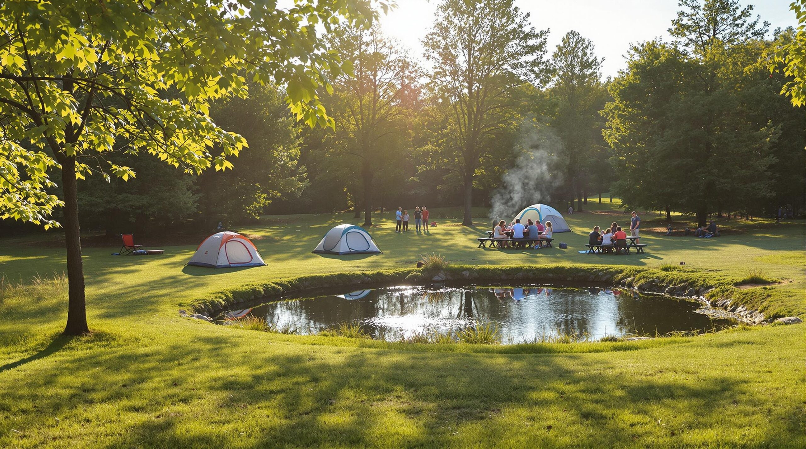 A peaceful midsize campground with several tents by a small pond, surrounded by generic trees and shrubs. Campers sit around a picnic table under clear skies, enjoying the soft morning light. The scene conveys a family-friendly and tranquil atmosphere, with natural colors and no identifiable landmarks.