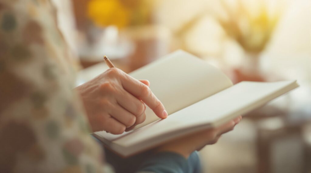 A person turning the pages of a hardcover notebook in a warmly lit room.
