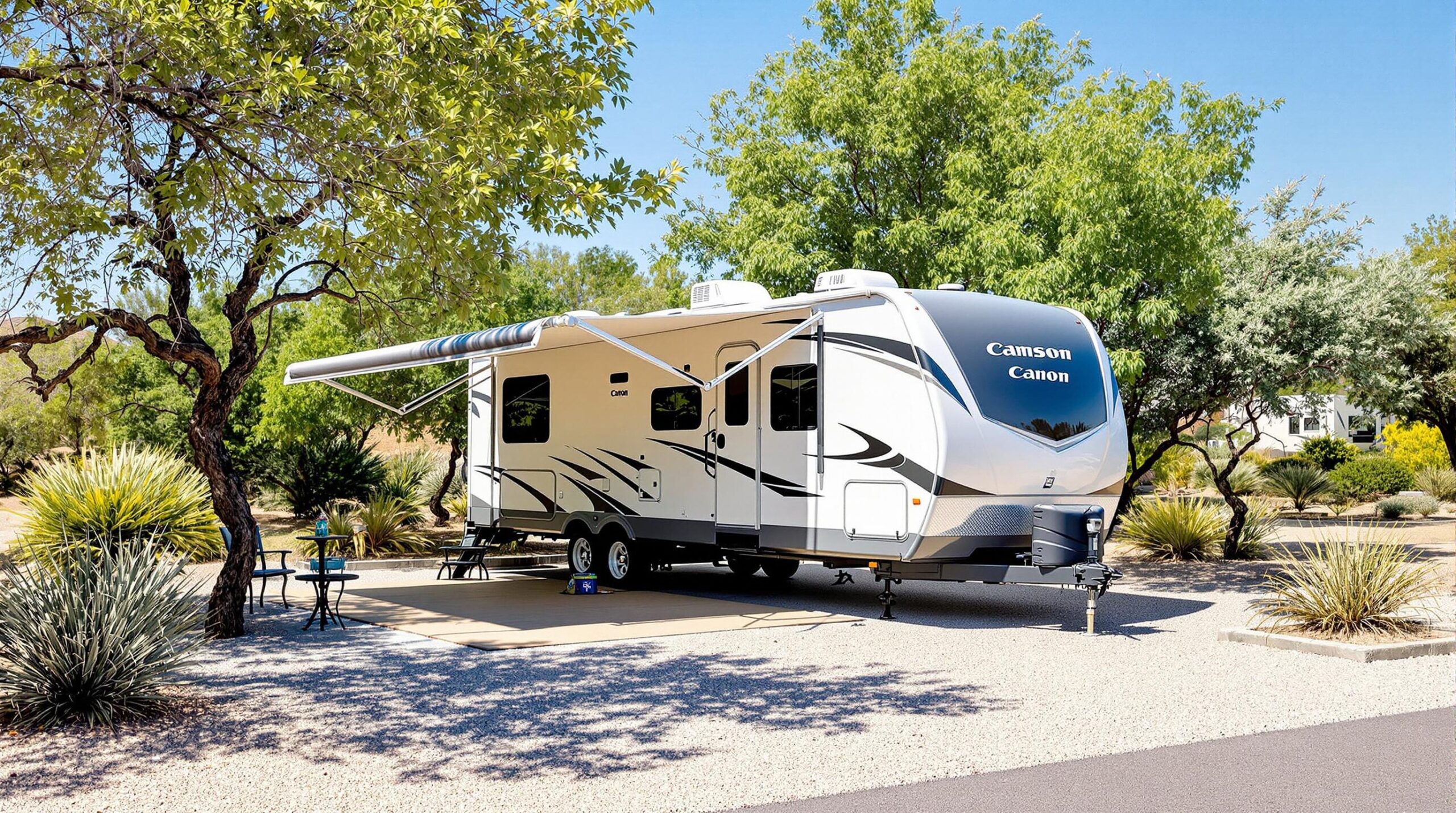 A modern RV parked on a well-maintained gravel pad surrounded by light desert vegetation under a clear blue sky, highlighting the serene camping environment.