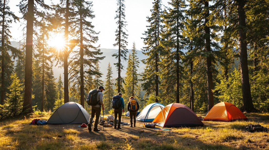A group of backpackers setting up tents in a forest clearing with tall trees in the background, captured in warm, natural light.