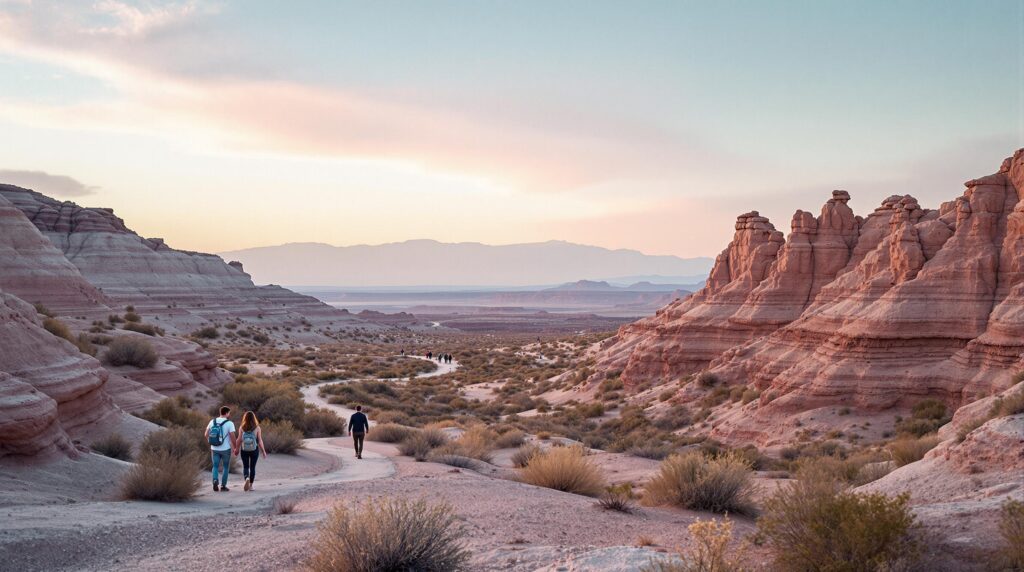 a wide-angle view of a generic badlands landscape with layered rock formations and sparse vegetation, featuring distant visitors walking along a trail under a softly lit sky