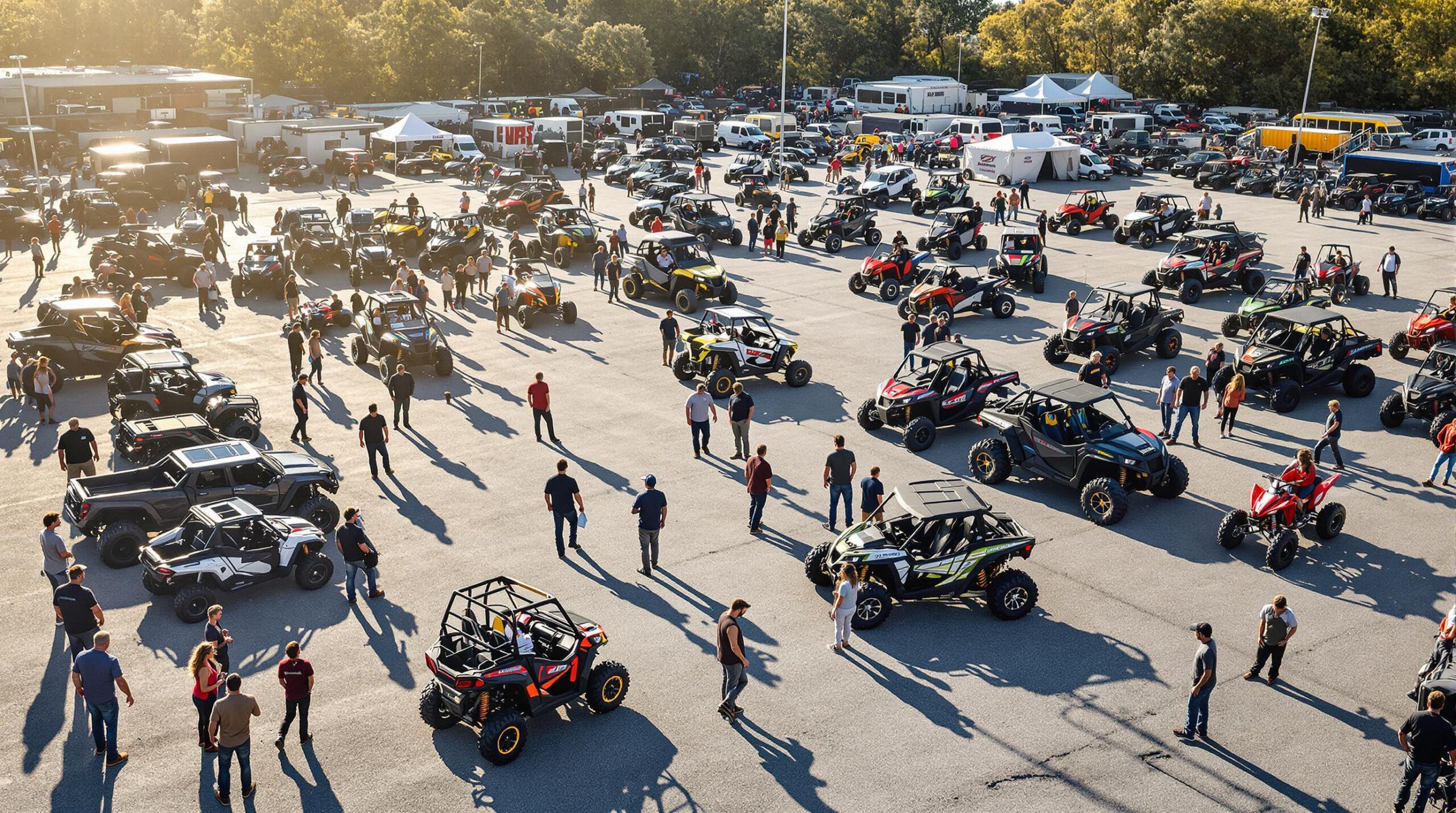 People exploring various off-road vehicles at an outdoor expo, with ATVs, side-by-sides, and dirt bikes displayed in a sunlit, generic open area.