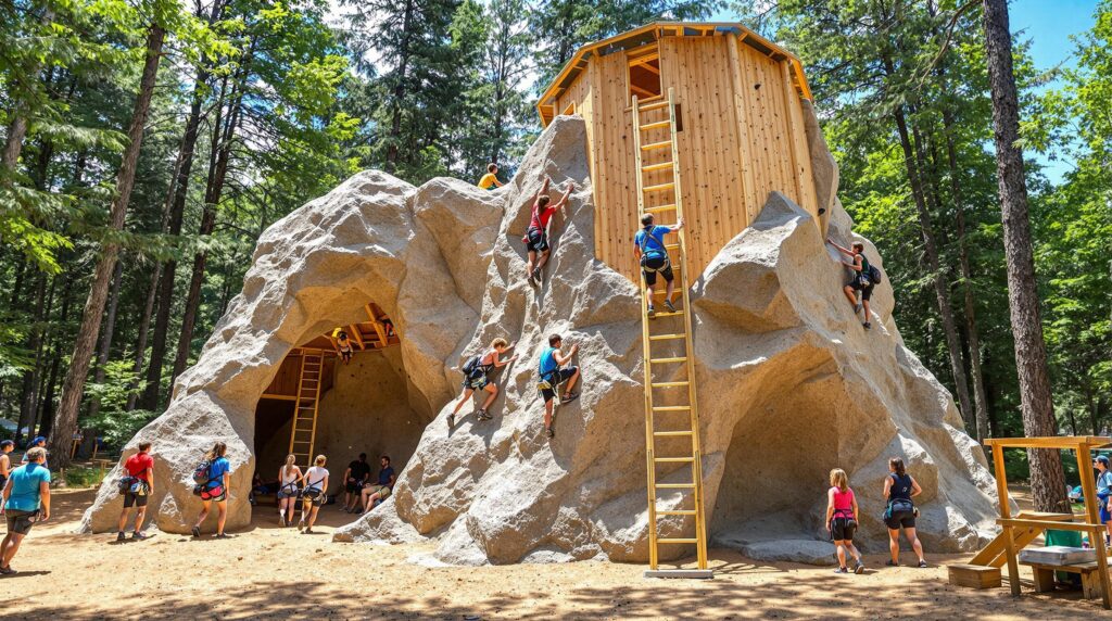 A group of campers climbing a newly built tower and bouldering grotto in a forested summer camp setting, with others watching nearby. The scene is brightly lit, showcasing the outdoor recreational activity amid an indistinct wooded background.