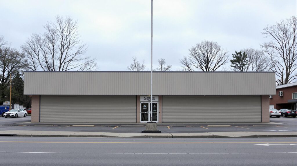A closed store building with a tall, unmarked flagpole in front under a cloudy sky, surrounded by neutral and nondescript surroundings.