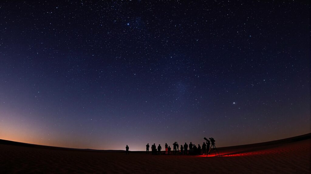 A group of people stargazing in a desert at night with telescopes, under a clear sky filled with stars, softly illuminated by red lights.