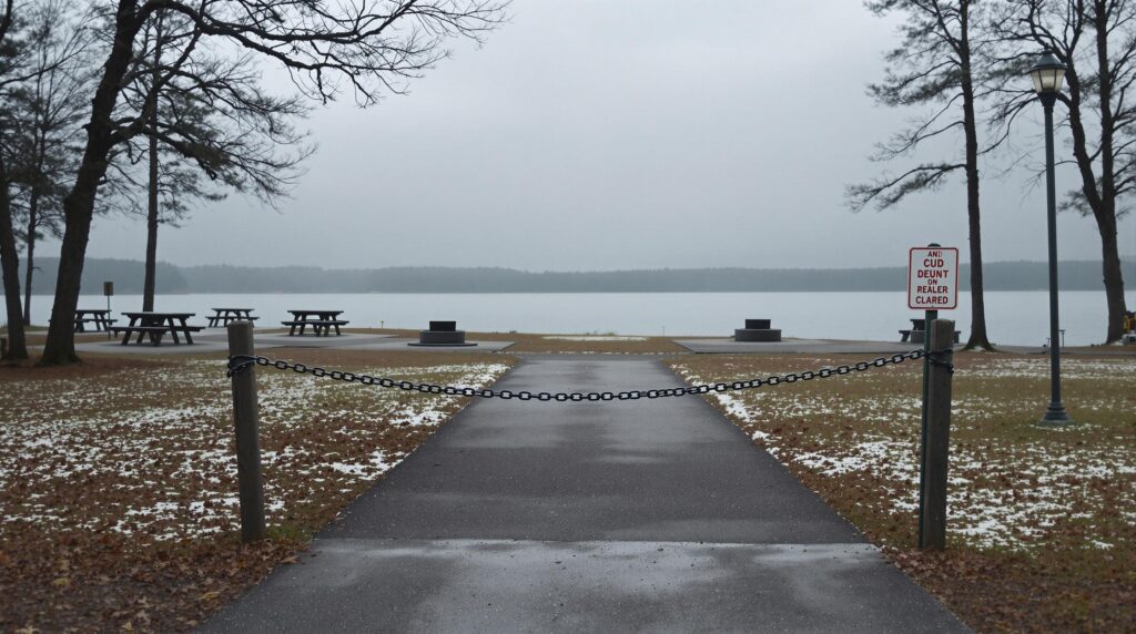 A deserted lakeside campground entrance with a chain across the entryway, empty picnic tables and fire rings visible in the background under an overcast sky, capturing a quiet and undisturbed scene.