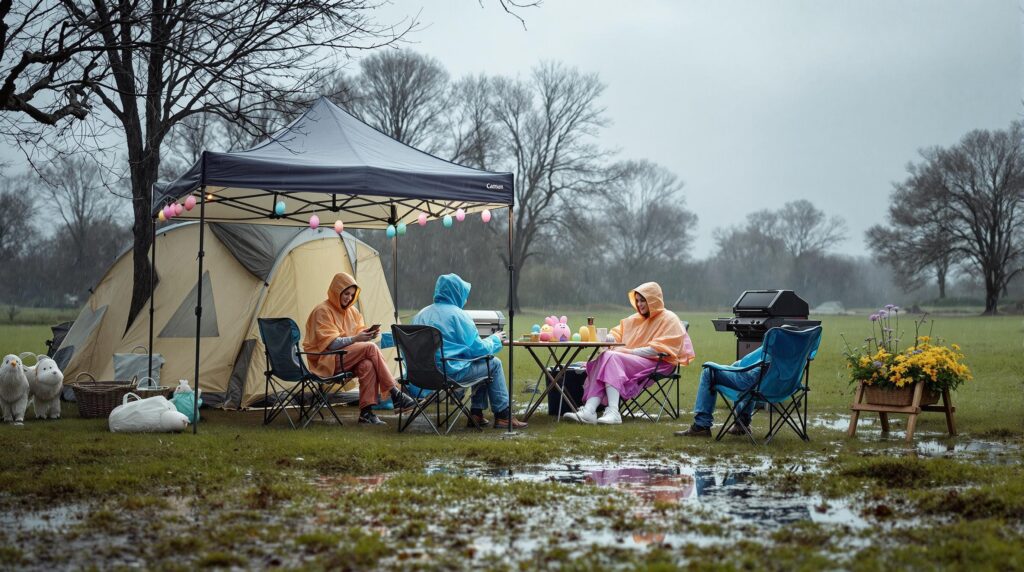 A group of people in raincoats and ponchos gather in a grassy park under an overcast sky, near a canopy and portable grill. Chairs and a table with pastel Easter decorations are partially wet, indicating a recent storm. The background is blurred to avoid identifying any specific location.