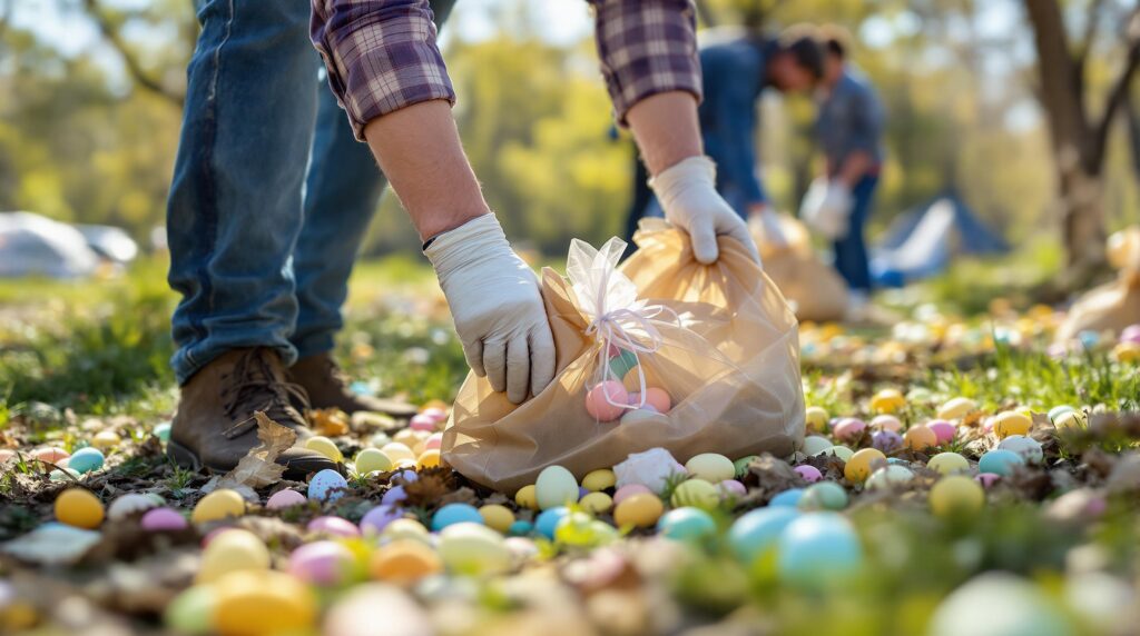 A group of volunteers cleaning up a campsite in a park, gathering pastel-colored eggs and trash into bags, with a softly blurred background and bright daylight.