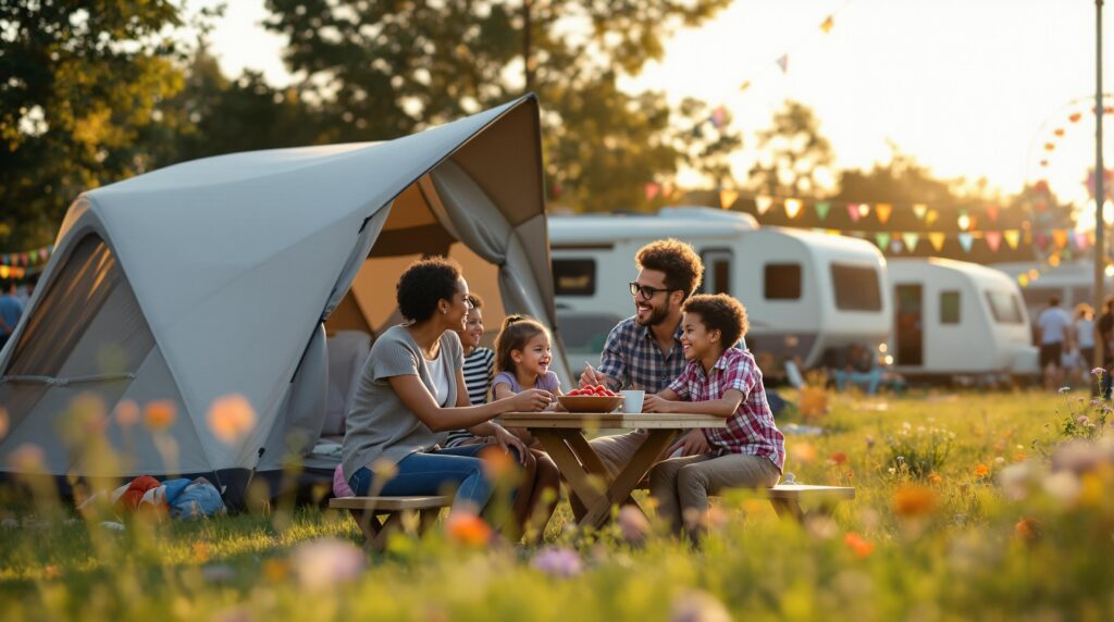 A family of four enjoys fresh strawberries at a picnic table beside a tent and camper, with colorful festival lights and a Ferris wheel blurred in the background on a sunny day.