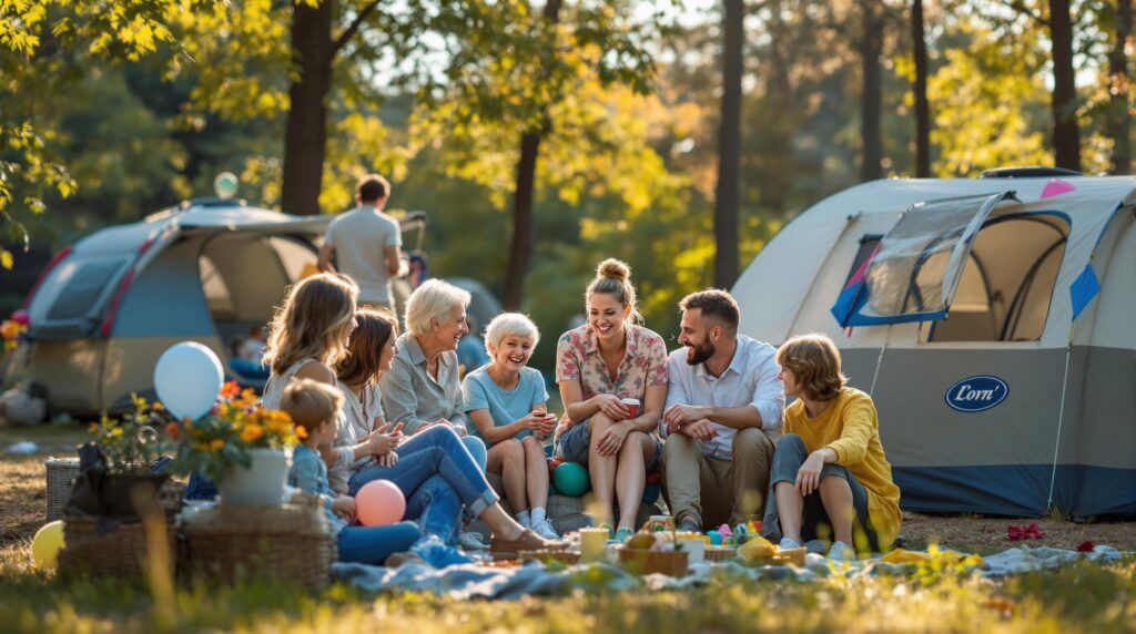 A multi-generational family celebrating an anniversary at a campsite with colorful balloons, a simple camp setup, and a cheerful atmosphere, captured in natural daylight with a shallow depth of field.