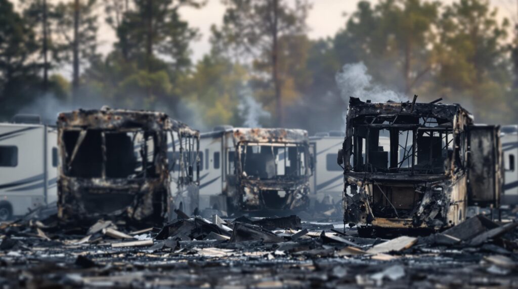Aftermath of a fire at a campground, showing the charred remains of several RVs with faint smoke rising against a background of indistinct trees.