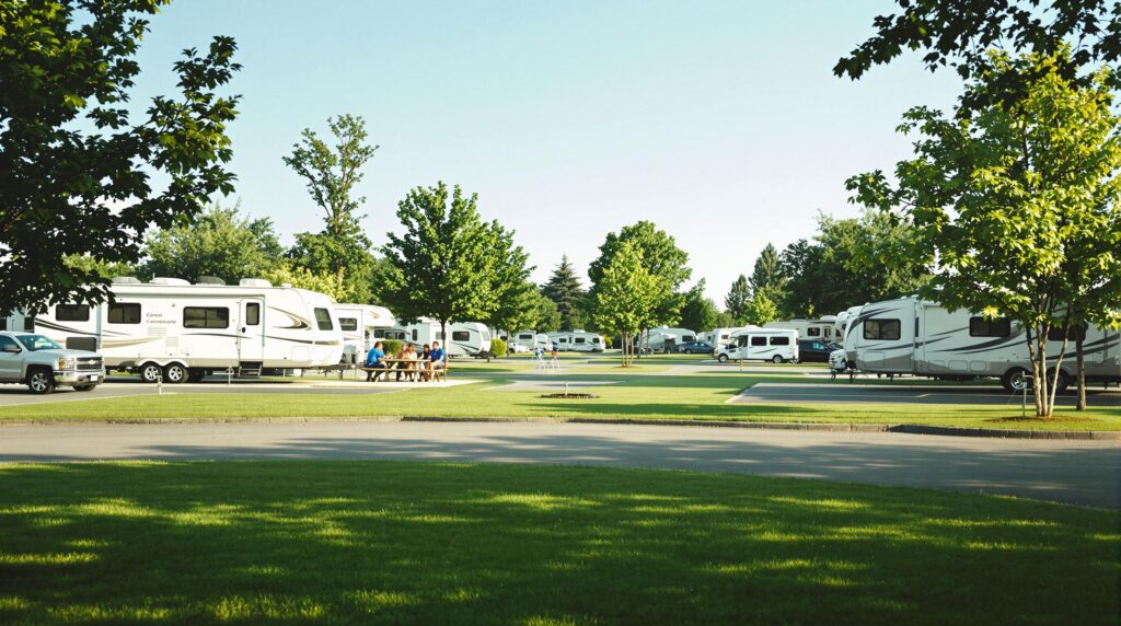 A wide-angle view of a well-maintained RV campground with several RVs parked on paved lots. Campers are gathered around a picnic table under the soft daylight, surrounded by green trees and trimmed grass. The setting is neutral and generic, with no identifiable landmarks.