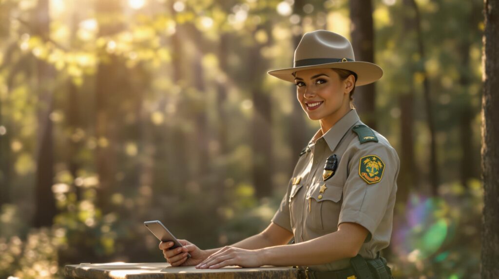 A forest ranger in uniform stands beside a wooden desk in a generic forest setting, with sunlight filtering through the trees and a softly blurred background.