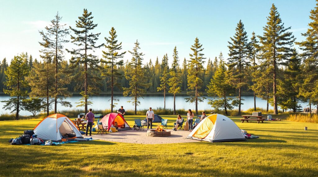 A campsite near a tranquil lake with lush trees in the background. Several people are setting up tents and organizing camping gear around a small fire pit, with picnic chairs nearby. The scene is brightly lit and evokes a sense of outdoor recreation and togetherness.