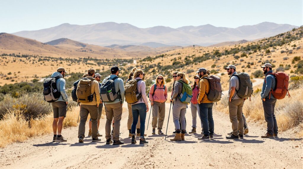A group of hikers wearing outdoor gear on a dirt trail in a sunlit, open landscape with rolling hills and scattered shrubs.