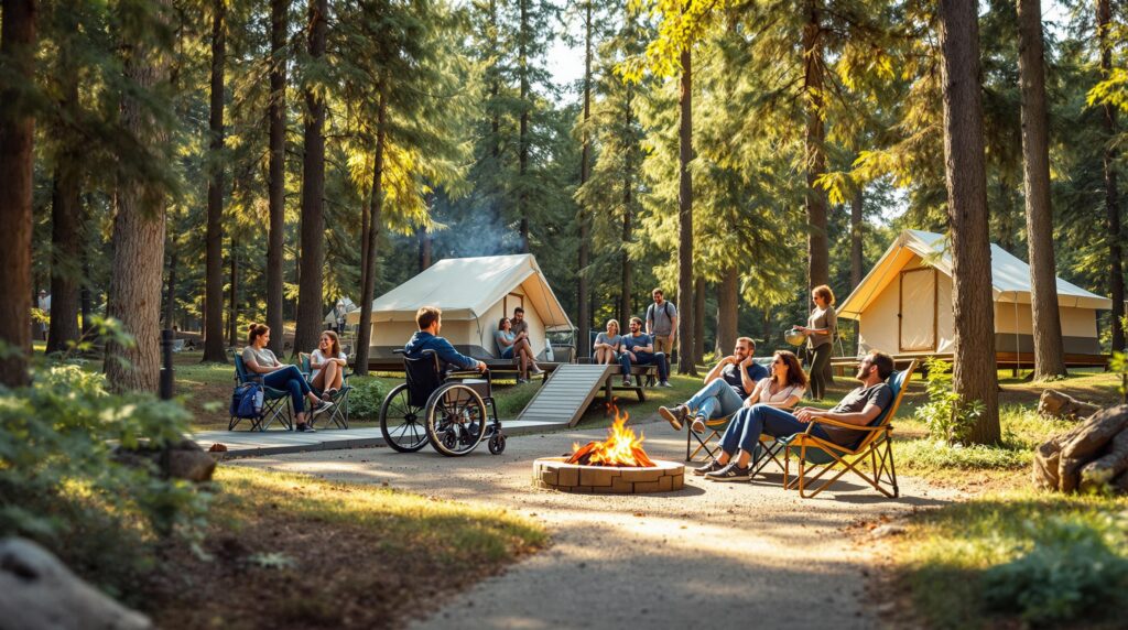 A diverse group of campers, including a person using a wheelchair, enjoying a sunny day at an accessible campsite. They are gathered around a campfire with tents in the background, surrounded by tall, green trees. The scene conveys a welcoming and inclusive outdoor environment.