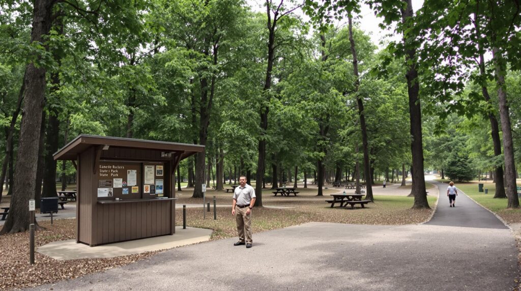 A park employee in plain attire stands near an information desk in a forested state park setting, surrounded by tall trees and picnic tables, with a trail leading into the distance.