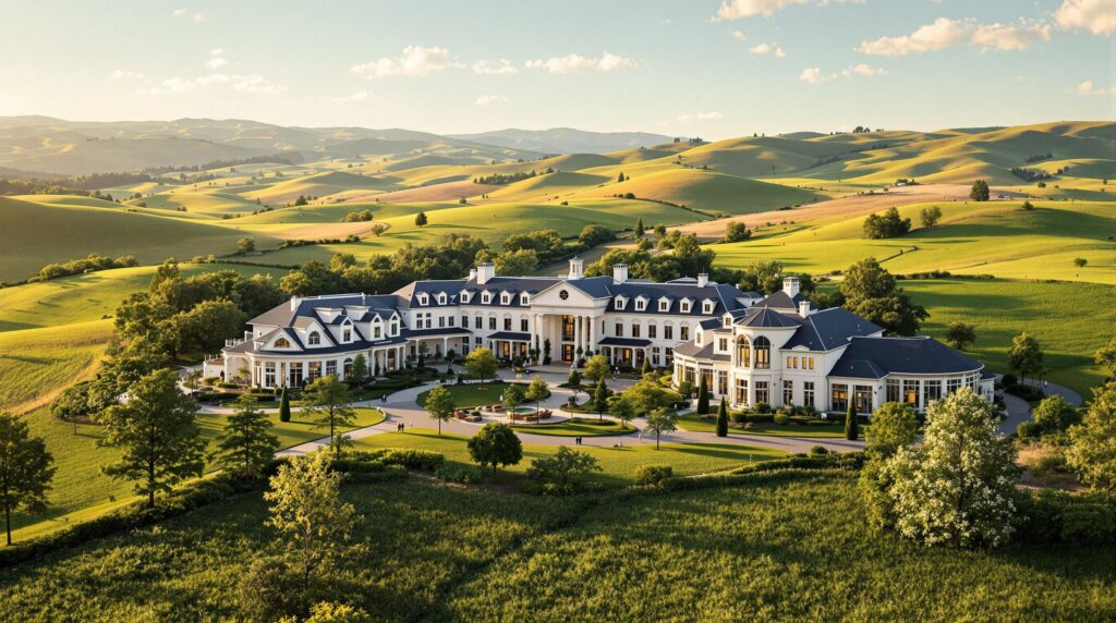 Wide-angle view of a modern resort building amidst rolling green hills, with elegant architecture featuring large windows, surrounded by landscaped greenery under warm, natural sunlight.