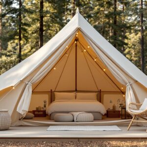 Luxury camping tent in a forest clearing with outdoor seating and soft lighting.