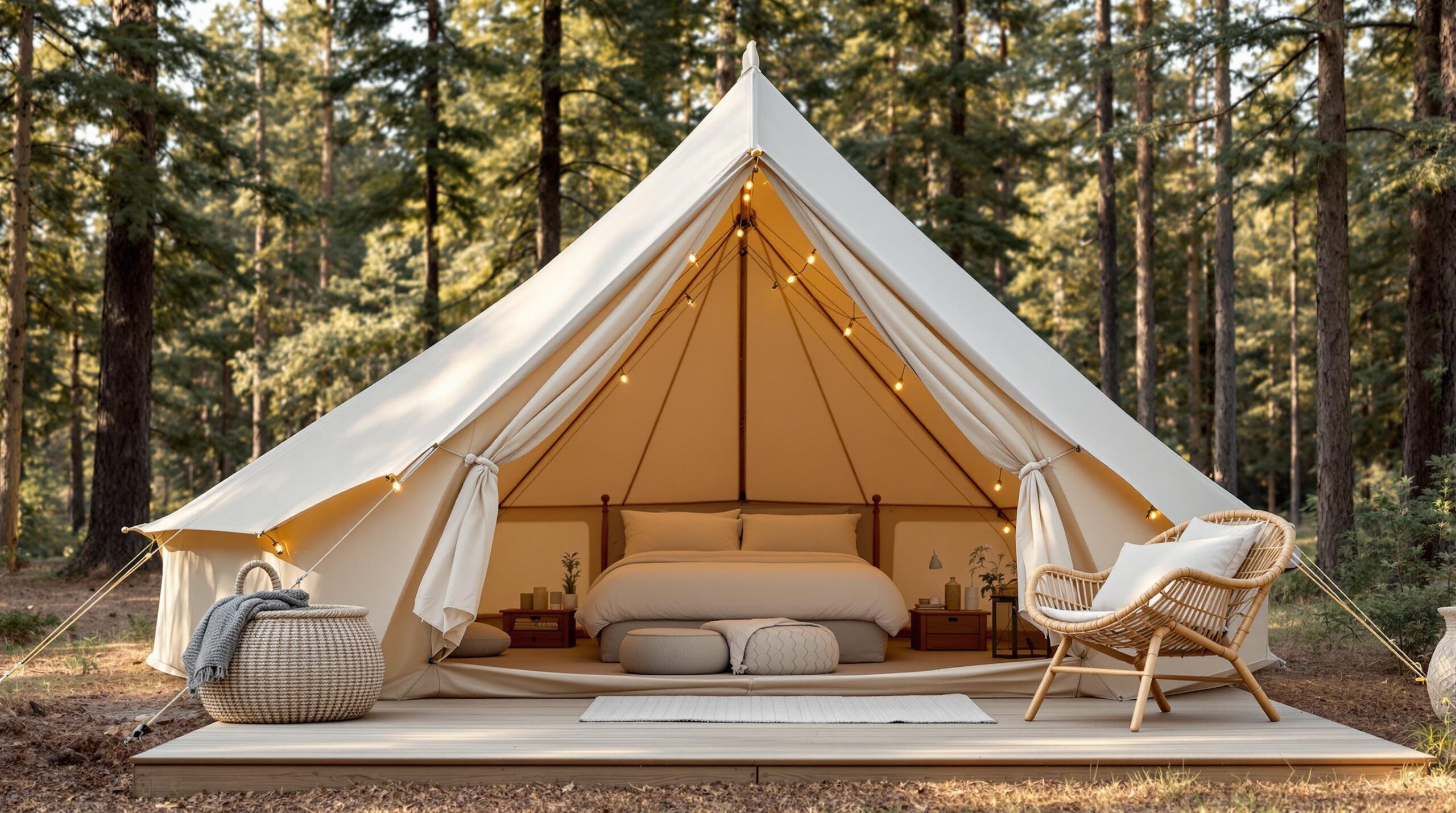 Luxury camping tent in a forest clearing with outdoor seating and soft lighting.
