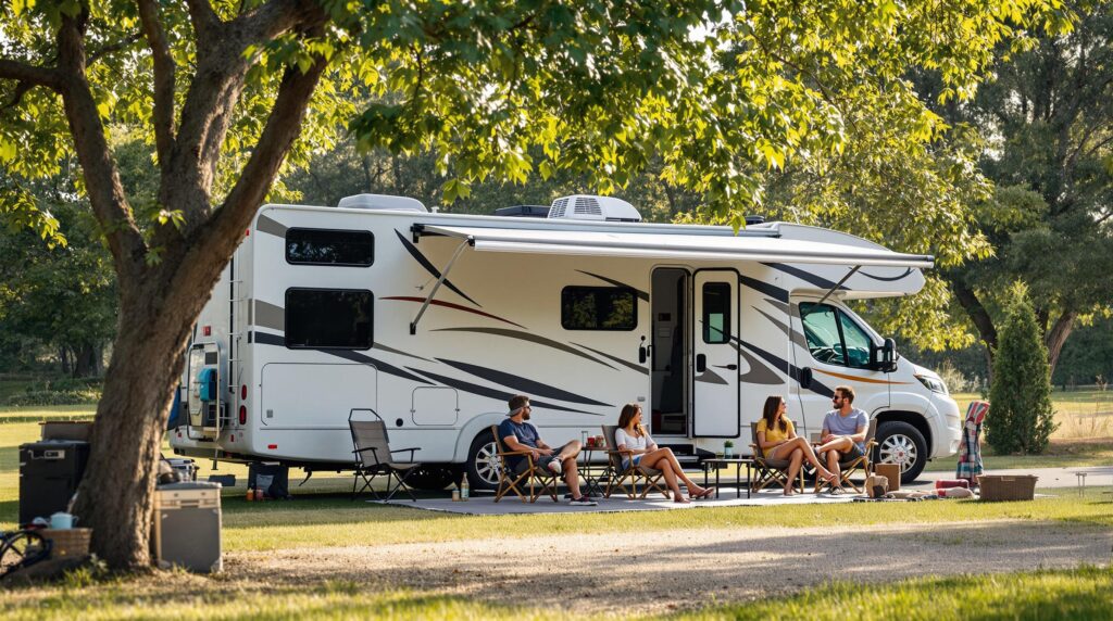 A sleek modern RV set up at a campground surrounded by trees and greenery, with a group of travelers enjoying casual outdoor seating in a relaxed, vacation-like atmosphere.