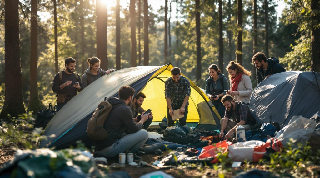 A group of adults learning to set up a tent in a forested outdoor workshop, with camping gear scattered around, under soft natural sunlight.