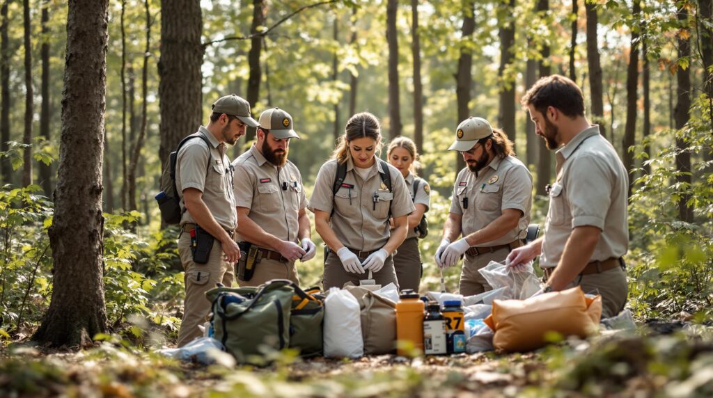 A group of people demonstrating outdoor emergency training in a wooded area, practicing first-aid techniques, surrounded by eco-friendly supplies, with sunlight filtering through the trees.