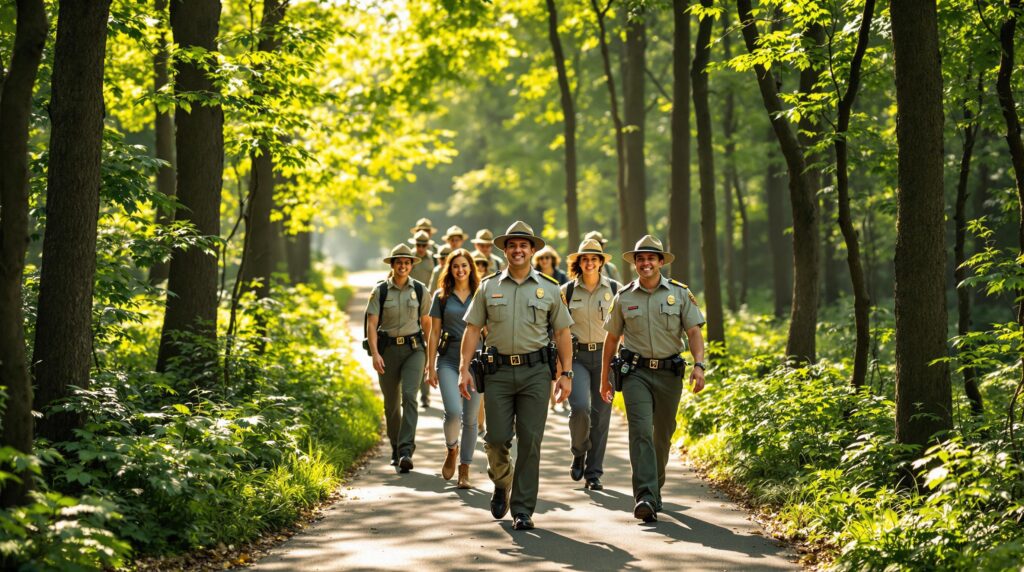 Park rangers in uniform leading a group of visitors on a nature walk through a lush forest path, with sunlight filtering through the trees.