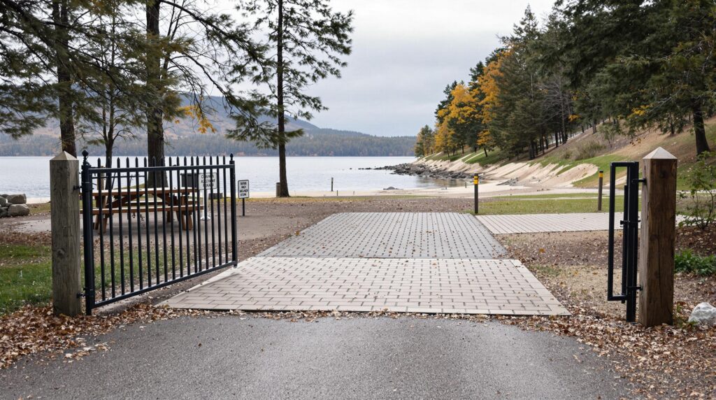 Empty lakeside campground with lowered gate on cloudy day, showing picnic table and vacant tent pads near shoreline.