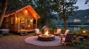 A cozy riverside glamping setup with a small wooden cabin, a fire pit surrounded by chairs, and a tranquil water view at dusk, framed by lush greenery.