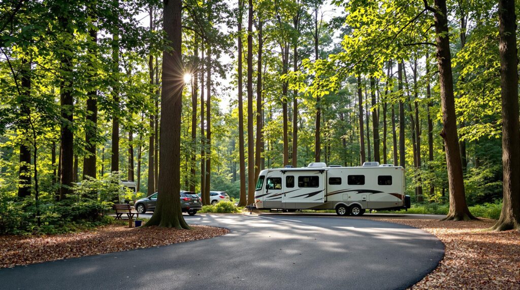 A scenic view of a clean, paved RV campsite surrounded by tall trees in a forest, featuring a parked RV with sunlight filtering through the branches.