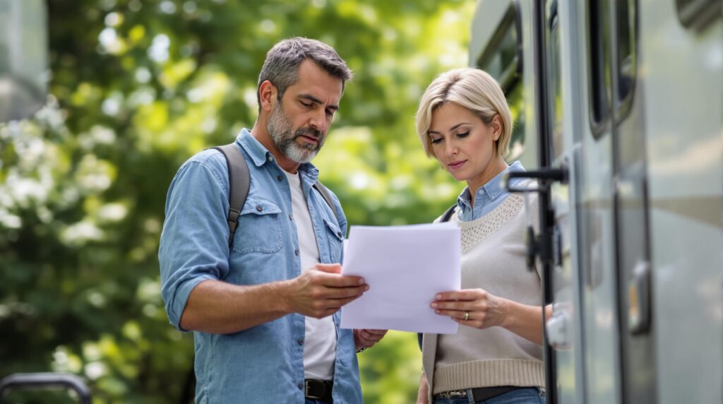 A man and woman standing beside a white RV in a campground, examining a stack of papers with serious expressions, surrounded by blurred green foliage.