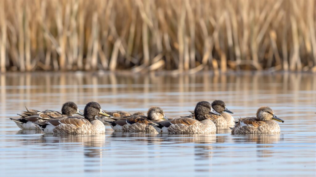 A flock of teal and pintail ducks resting in shallow water within a generic wetland, surrounded by muted reeds under soft natural lighting.